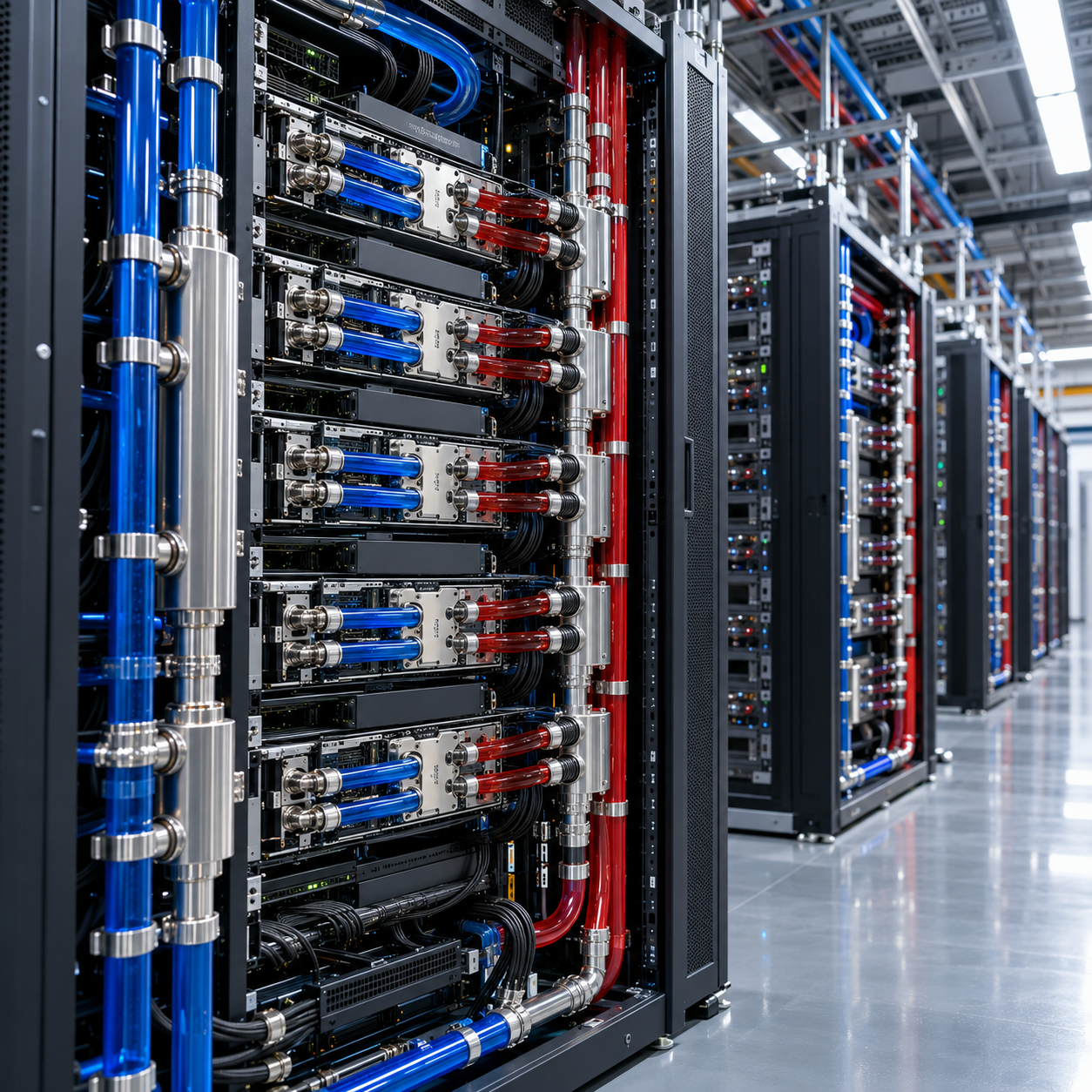 GPU server racks with blue and red liquid cooling pipes