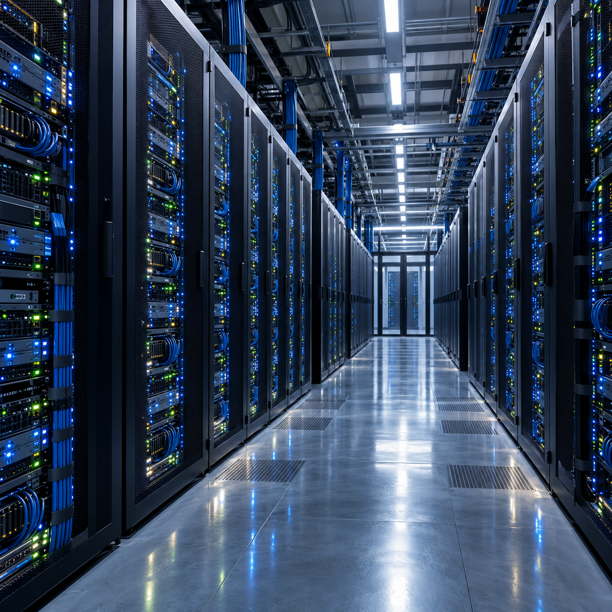 Data centre hall with rows of server racks